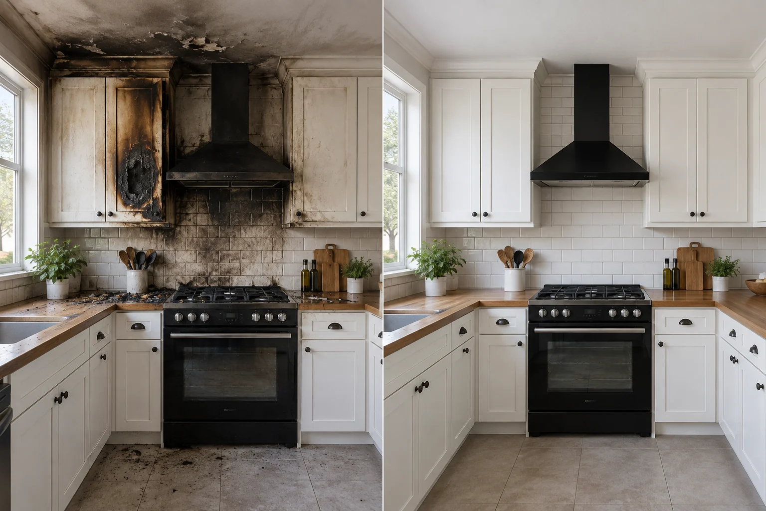 AI illustration: kitchen fire and smoke damage, before on the left and a restored matching room on the right