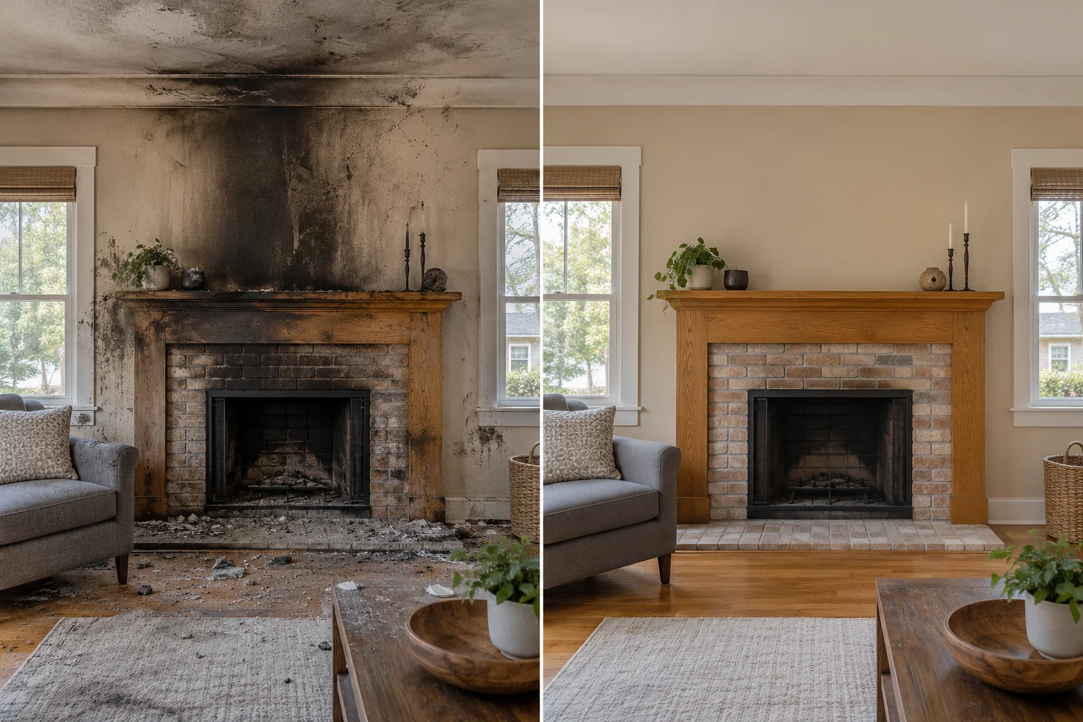 AI illustration: smoke and soot in a living room, before on the left and a restored matching room on the right