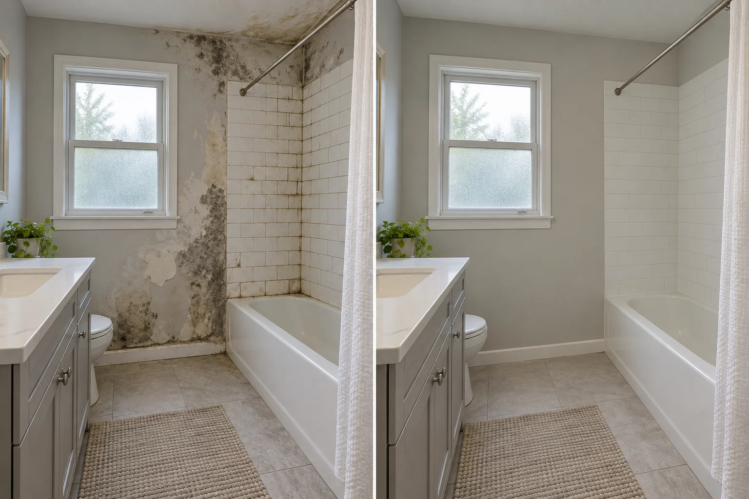 AI illustration: moisture and mold in a bathroom, before on the left and a restored matching room on the right