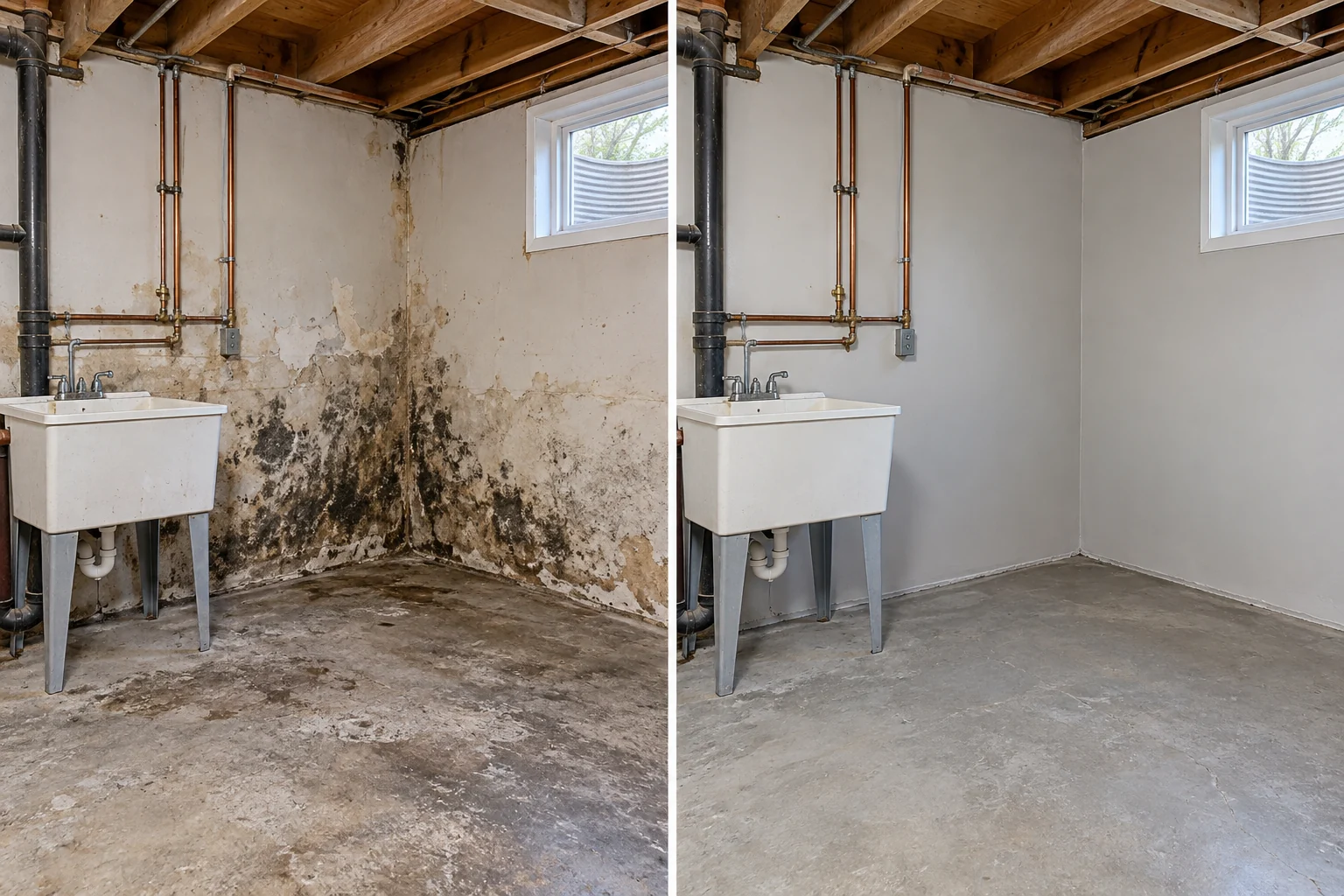 AI illustration: mold in a basement utility room, before on the left and a restored matching room on the right
