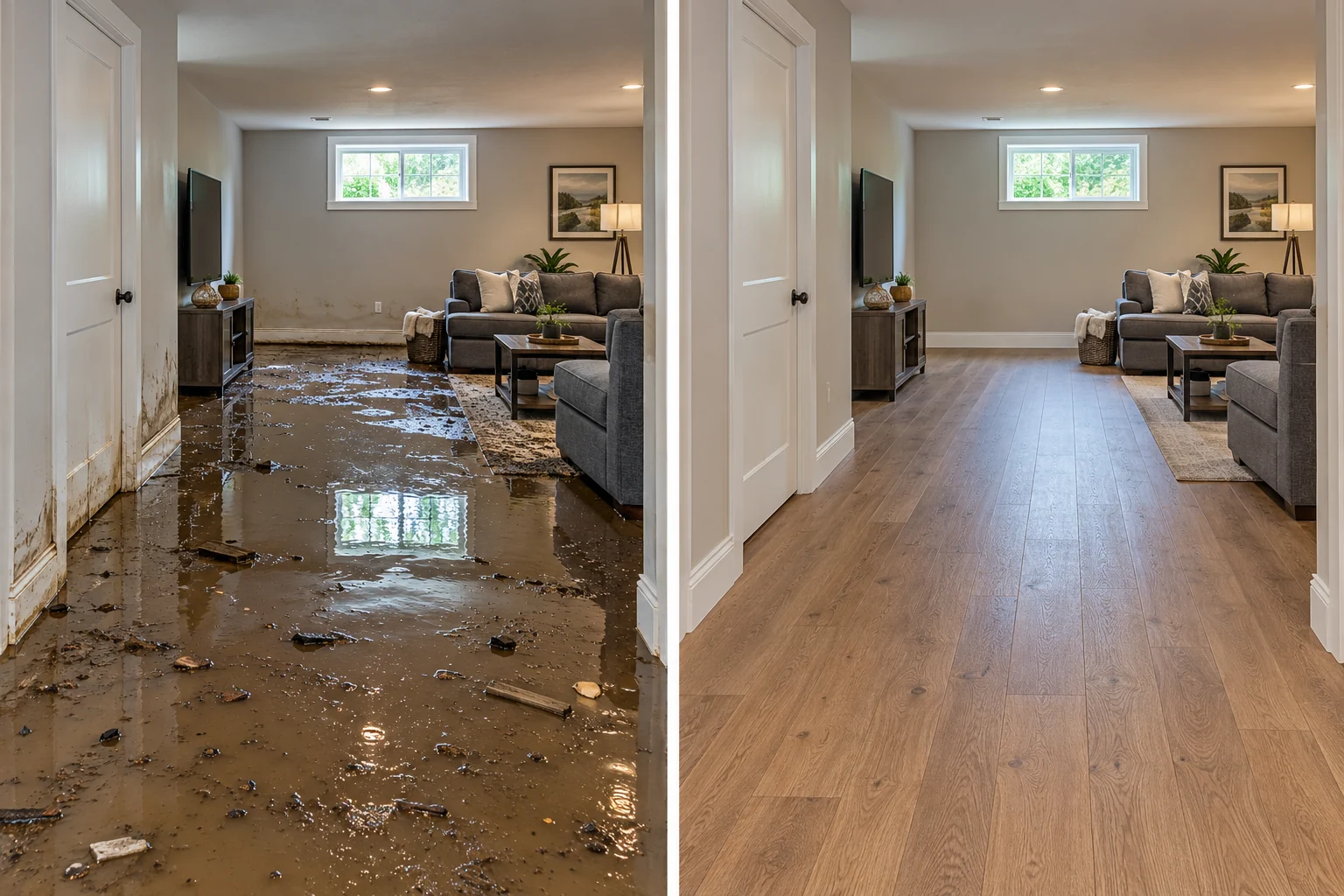 AI illustration: basement flooding, before on the left and a restored matching room on the right