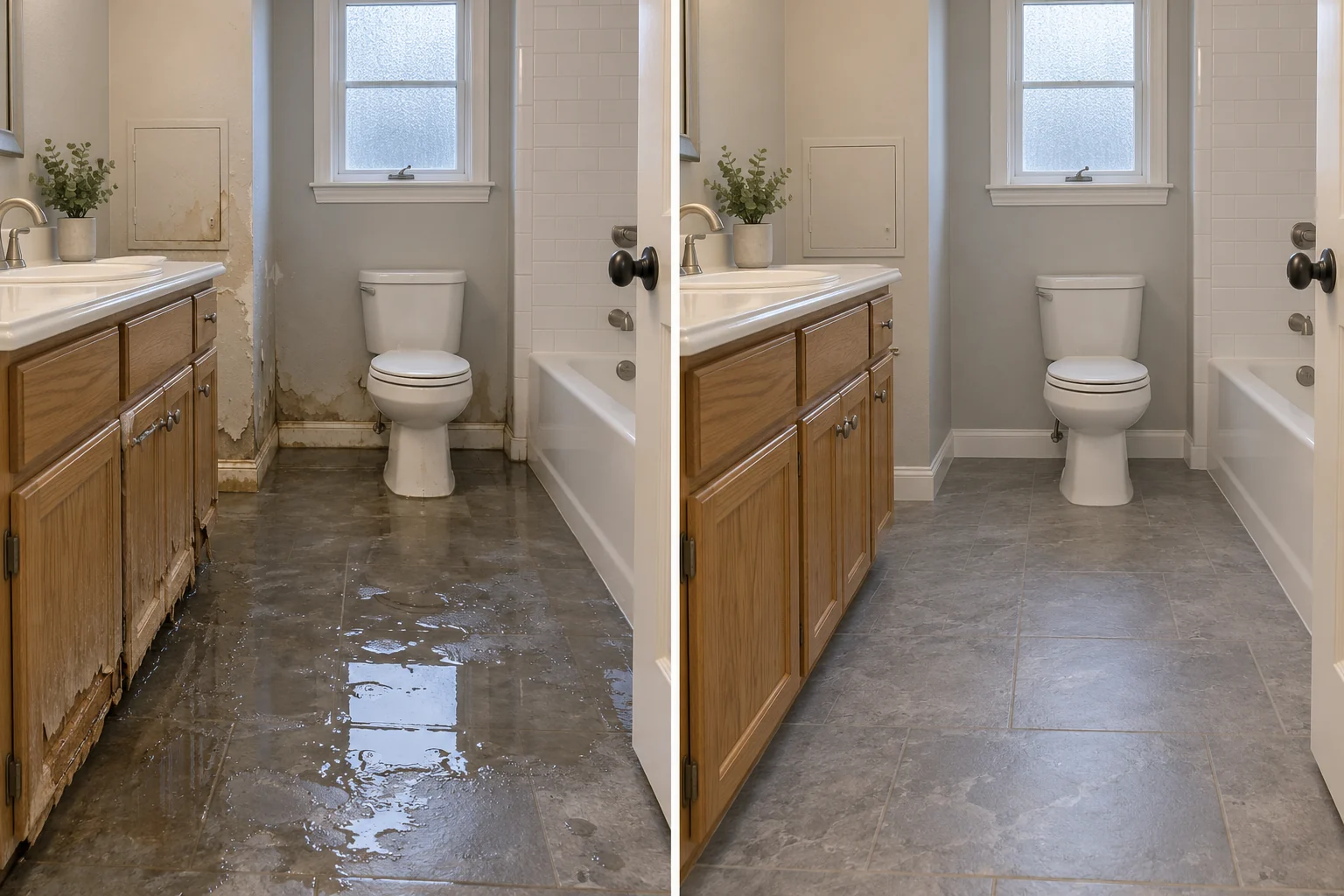 AI illustration: burst pipe in a bathroom, before on the left and a restored matching room on the right