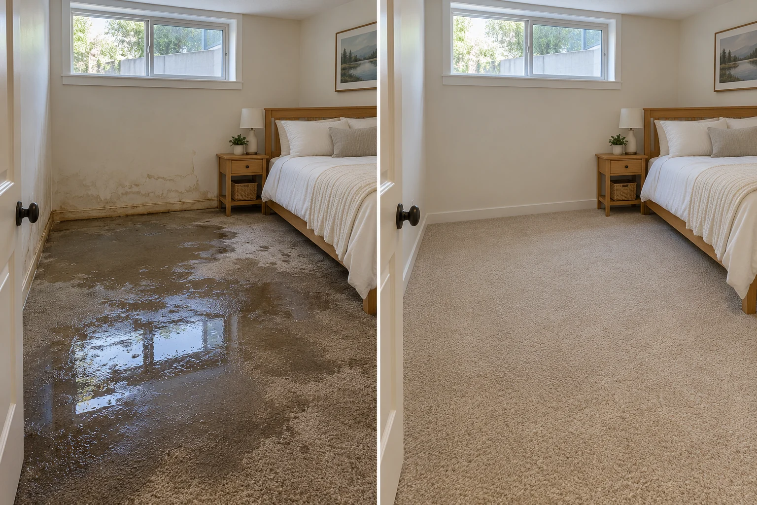 AI illustration: water intrusion in a basement bedroom, before on the left and a restored matching room on the right