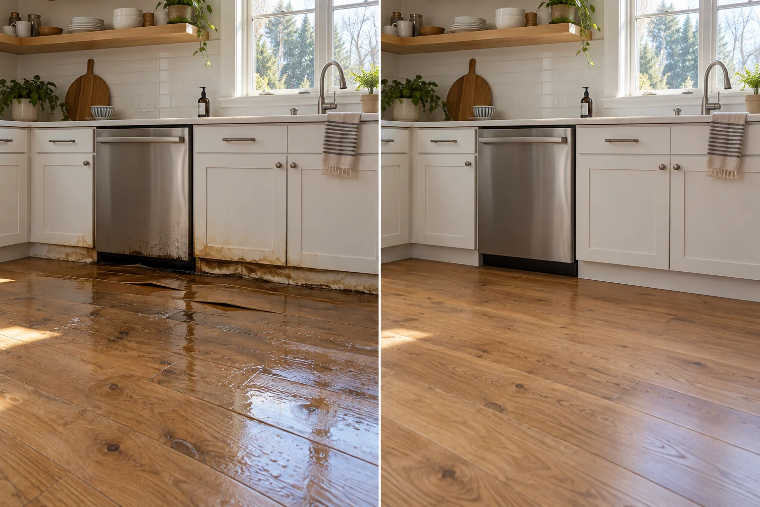 AI illustration: a leaking dishwasher, before on the left and a restored matching room on the right