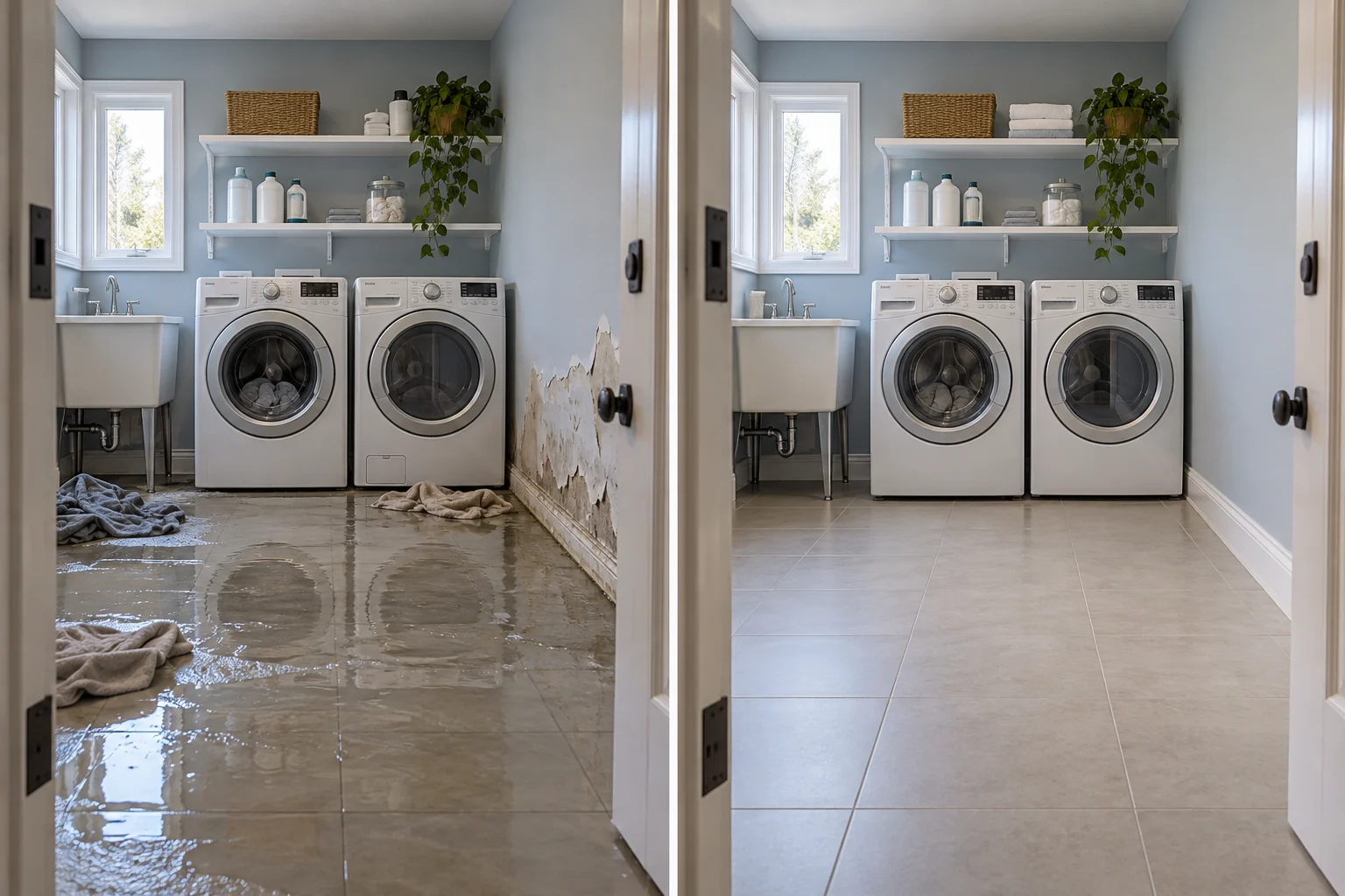 AI illustration: a washing-machine hose burst, before on the left and a restored matching room on the right