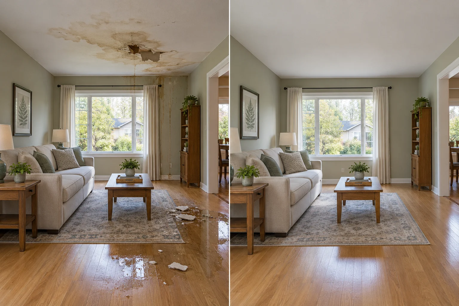 AI illustration: ceiling damage from an upstairs leak, before on the left and a restored matching room on the right